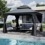 Domi Galvanized Steel Hardtop Gazebo with Resin Roof & Gutters - Dark Gray