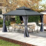 Domi Galvanized Steel Hardtop Gazebo with Resin Roof & Gutters - Dark Gray