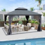 Domi Galvanized Steel Hardtop Gazebo with Resin Roof & Gutters - Dark Gray