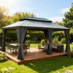 Domi Galvanized Steel Hardtop Gazebo with Resin Roof & Gutters - Dark Gray
