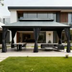 Domi Galvanized Steel Hardtop Gazebo with Resin Roof & Gutters - Dark Gray