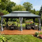Domi Galvanized Steel Hardtop Gazebo with Resin Roof & Gutters - Dark Gray