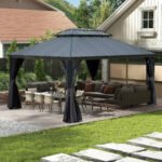 Domi Galvanized Steel Hardtop Gazebo with Resin Roof & Gutters - Dark Gray